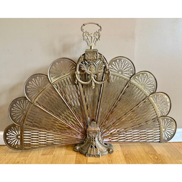 Vintage MCM Victorian Brass Fireplace Fan Peacock Folding Screen Ornate Art Deco - Picture 3 of 10